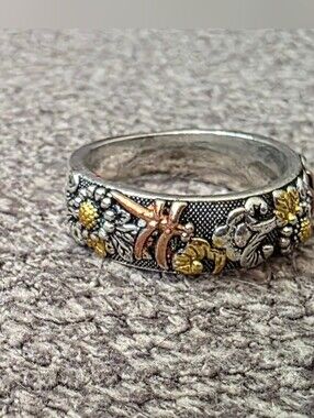 New Beautiful dragonfly sunflower Silver Tone ring Size 7